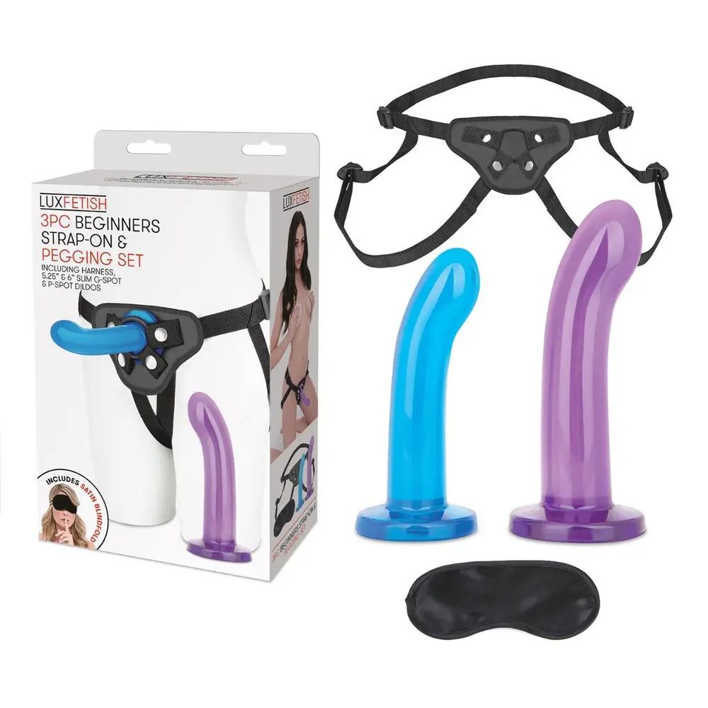 Lux Fetish - 3-Piece Beginner's Strap On Harness and Pegging Kit with 5.25 and 6-inch Dildo