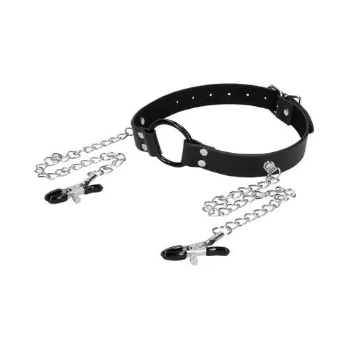 Ouch - Adjustable Leather O-Ring Gag with Nipple Clamps