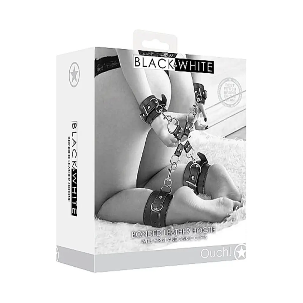 Ouch Black and White - Bonded Leather Hogtie With Wrist and Ankle Cuffs