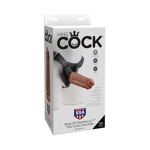 King Cock - Strap-On Harness with Two Cocks One Hole Suction Cup Dildo Tan