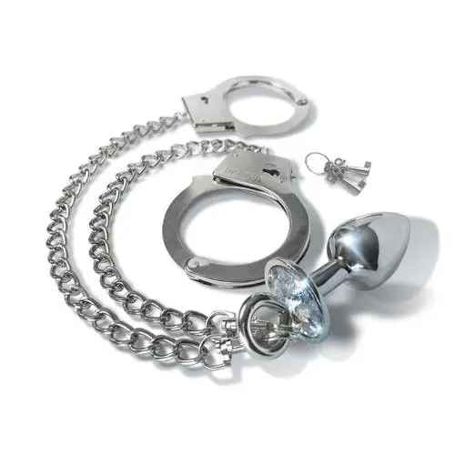 Nixie Metal Butt Plug an Handcuff Set Silver Metallic