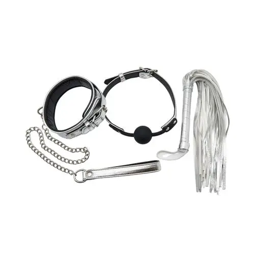 SM Club - Beginner's Silver Collar and Leash with Ball Gag and Flogger