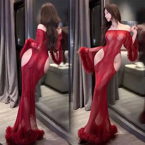 Fee Et Moi - Sheer Off-Shoulder Long Dress with Feather Trim Red One Size