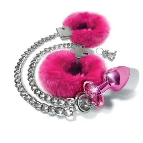 Nixie - Metal Butt Plug with Inlaid Jewel & Bondage Fur Cuff Set (Pink Metallic)