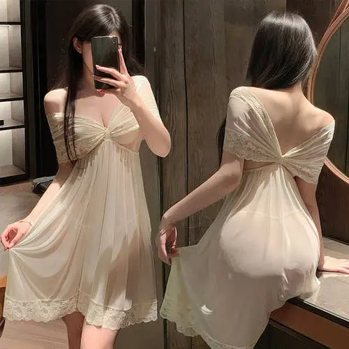 Fee Et Moi - Elegant Off-Shoulder Sheer Night Dress Cream White One Size