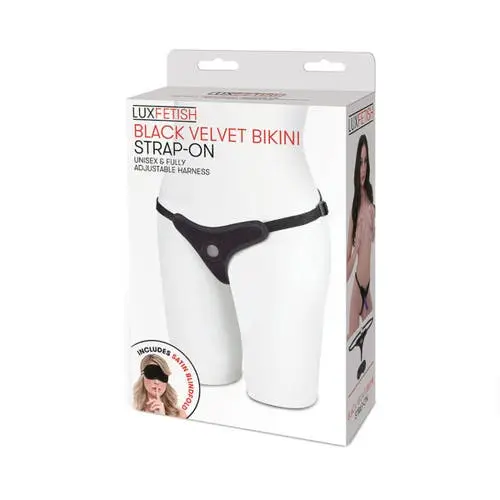 Lux Fetish - Black Velvet Bikini Strap On Harness with Satin Blindfold