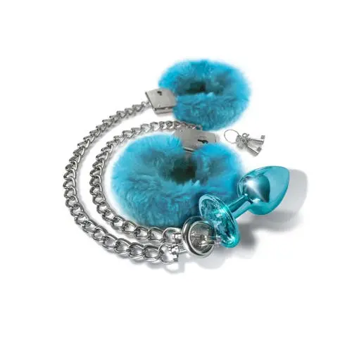 Nixie - Metal Butt Plug with Inlaid Jewel & Bondage Fur Cuff Set Blue Metallic