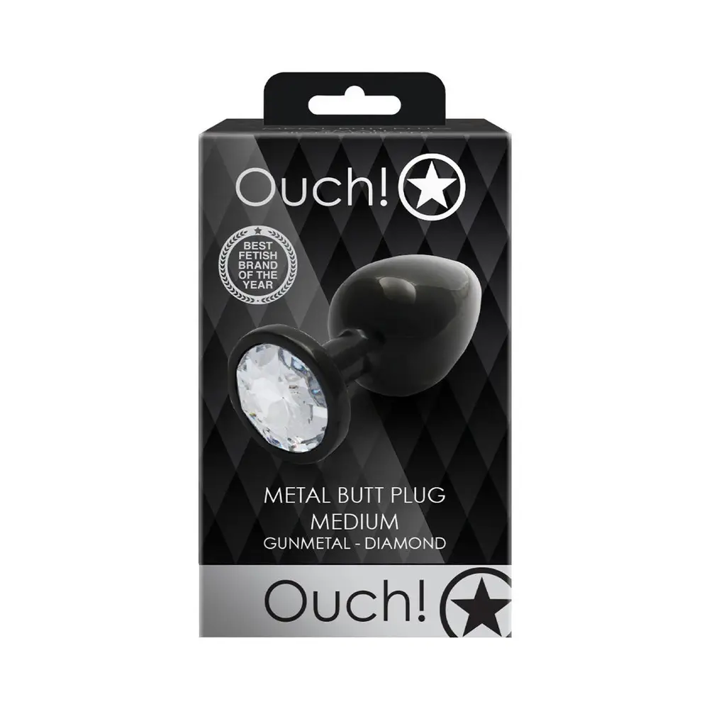 Ouch - Gunmetal Black Butt Plug with Round Diamond Gem Medium