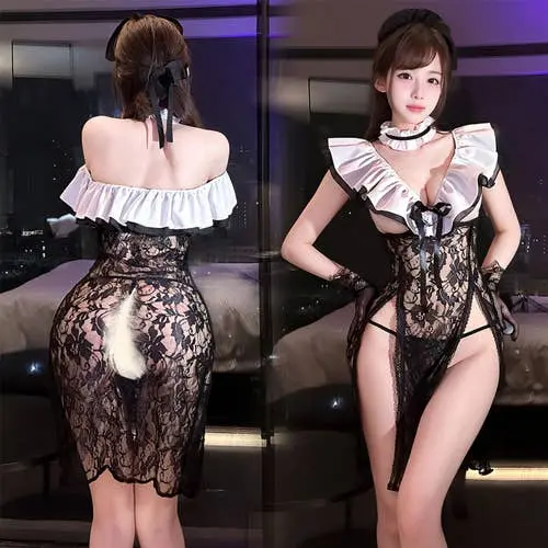Fee Et Moi - Lace-Trimmed Revealing Maid Dress One Size