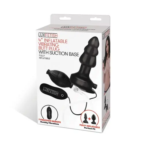 Lux Fetish - Inflatable Vibrating Butt Plug With Wired Remote Control Black 4 Inches With Suction Base