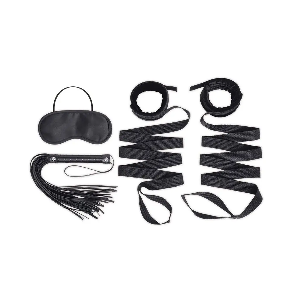 Lux Fetish - 4-Piece Bondage Bed Strap, Flogger and Satin Blindfold Accessory Kit
