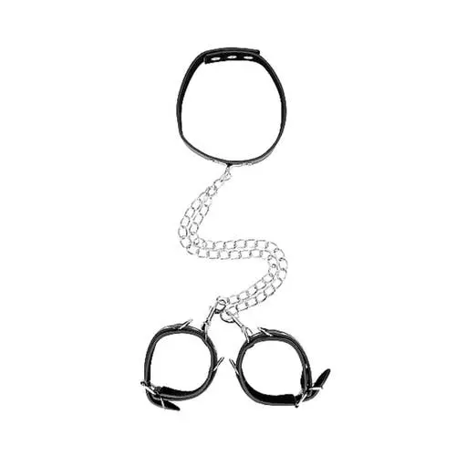 Ouch Black and White - Bonded Leather Collar with Hand Cuffs