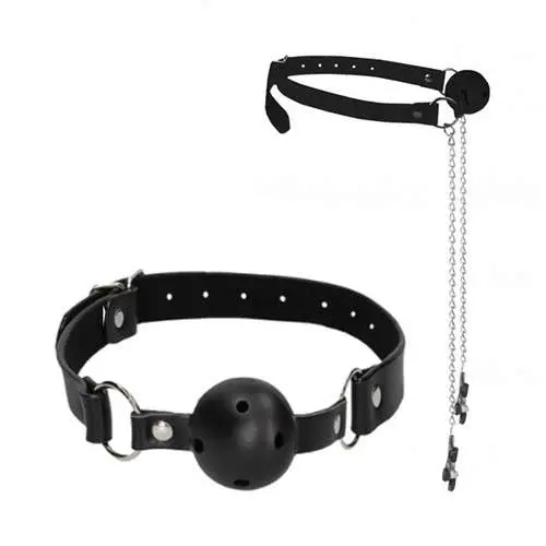 Ouch Black and White - Breathable Ball Gag With Nipple Clamps Black