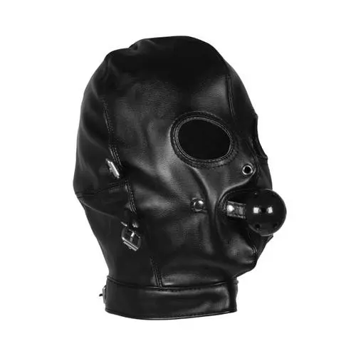 Ouch Xtreme - Black Leather Adjustable Blindfolded Mask with Breathable Ball Gag