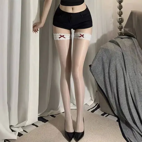Fee Et Moi - Aurora Silky Stockings with Bow Detail White One Size