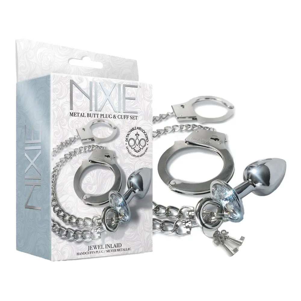 Nixie Metal Butt Plug an Handcuff Set Silver Metallic