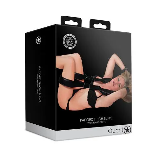 Ouch - Padded Leather Thigh Sling with Hand Cuffs Restraint Black