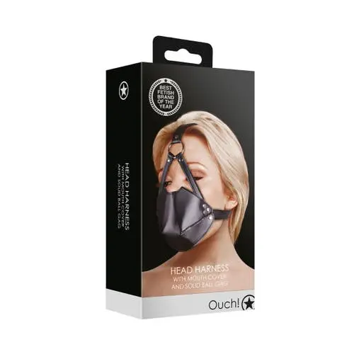 Ouch - Adjustable Head Harness with Mouth Cover and Solid Ball Gag Black