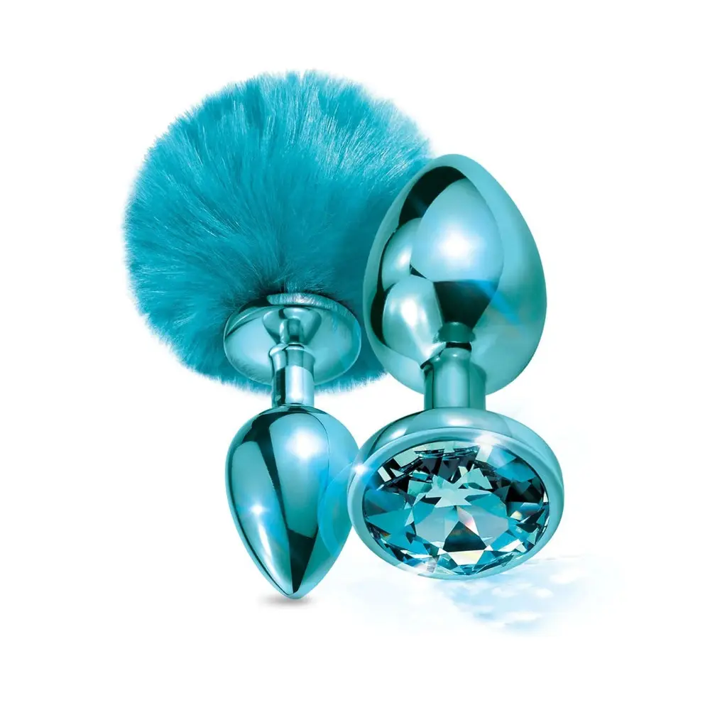 Nixie - Metal Butt Plug Set with Jewel Inlaid & Pom Pom Tail Blue Metallic