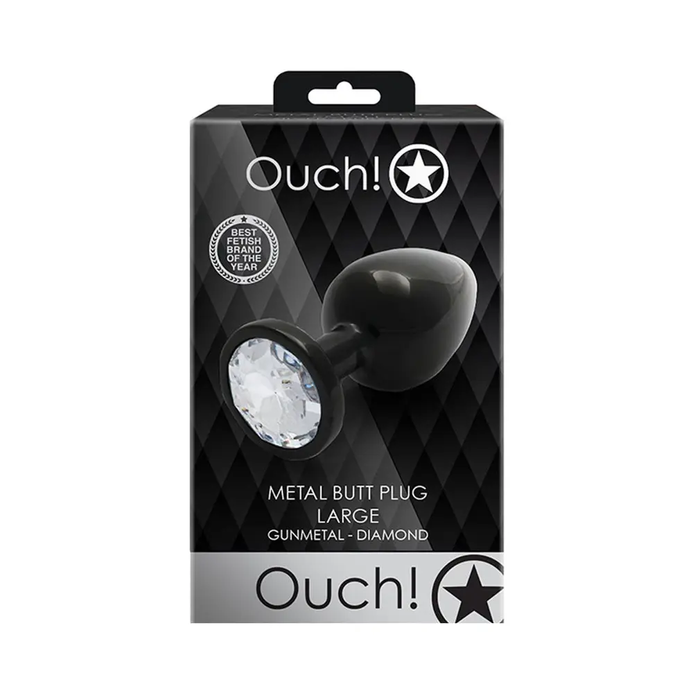 Ouch - Gunmetal Black Butt Plug with Round Diamond Gem Large