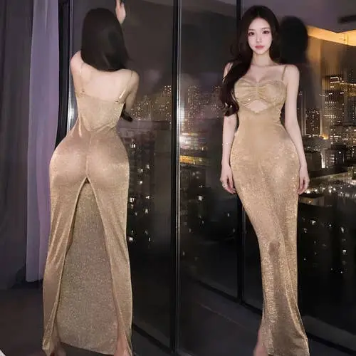 Fee Et Moi - Gold Shimmer Split Evening Lingerie Dress One Size